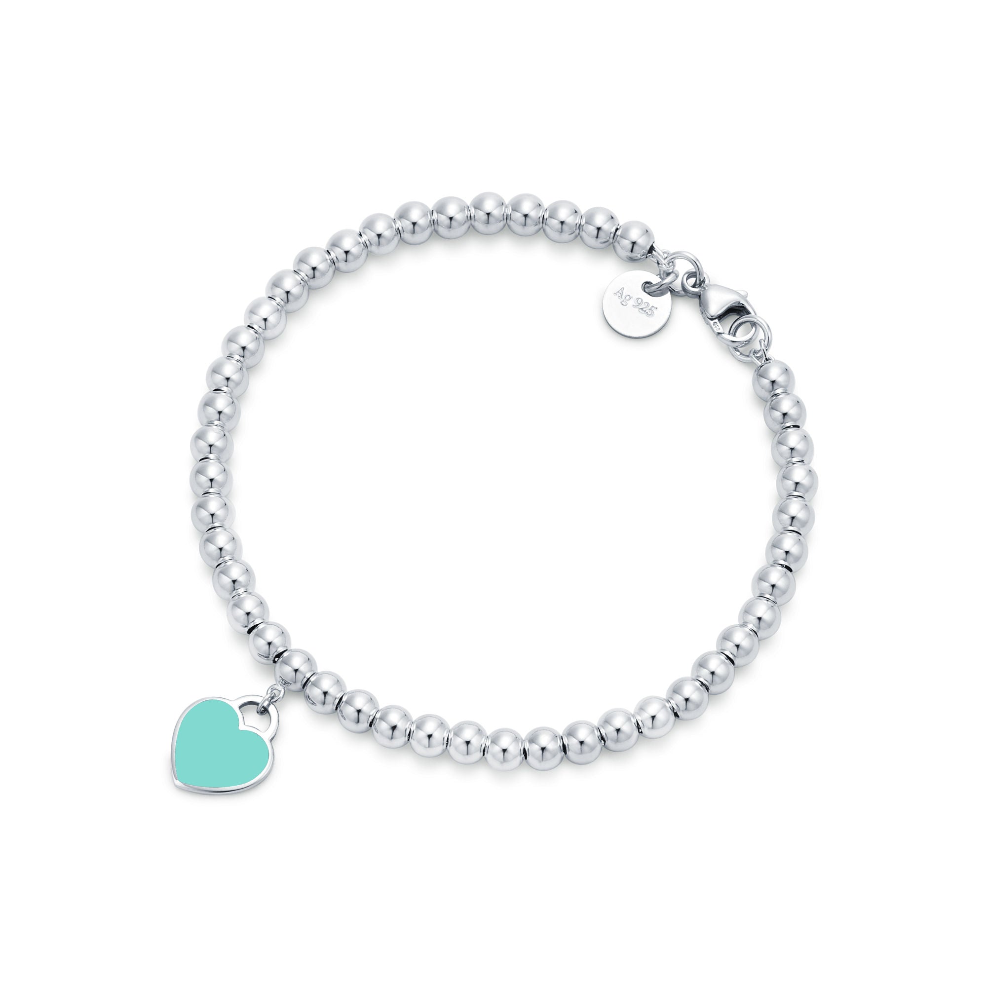Blue Heart Tag Bead Bracelet – 925 Sterling Silver