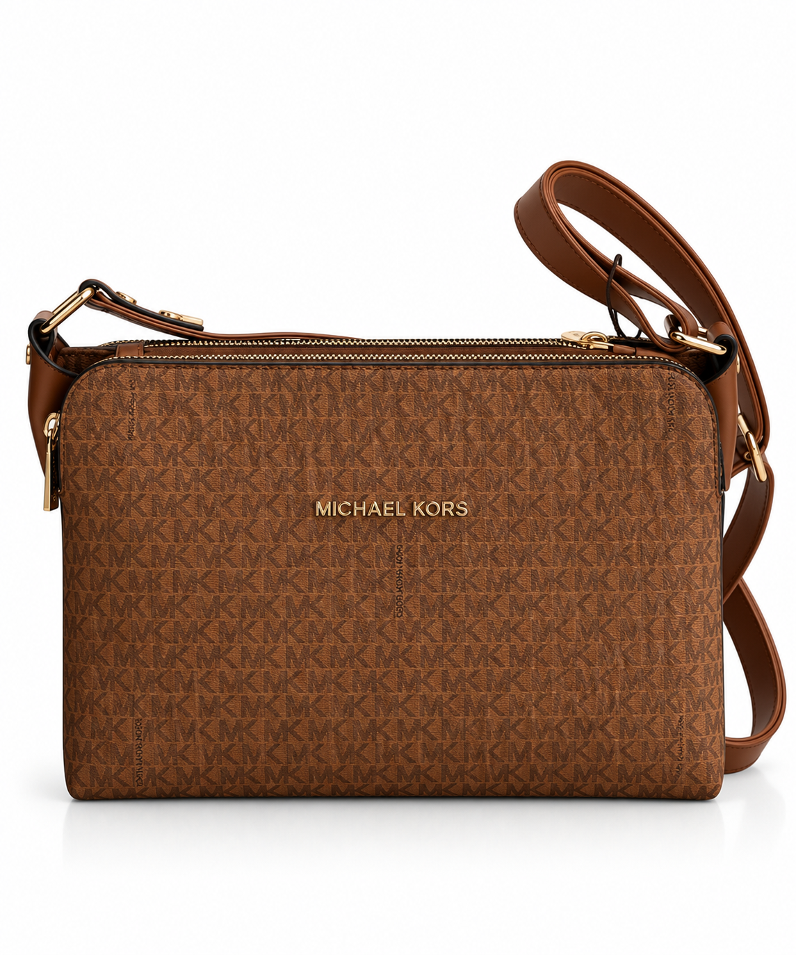 Signature Double Zip Crossbody Çanta – Taba/Kahve