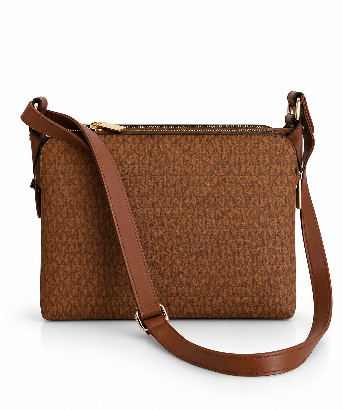 Signature Double Zip Crossbody Çanta – Taba/Kahve
