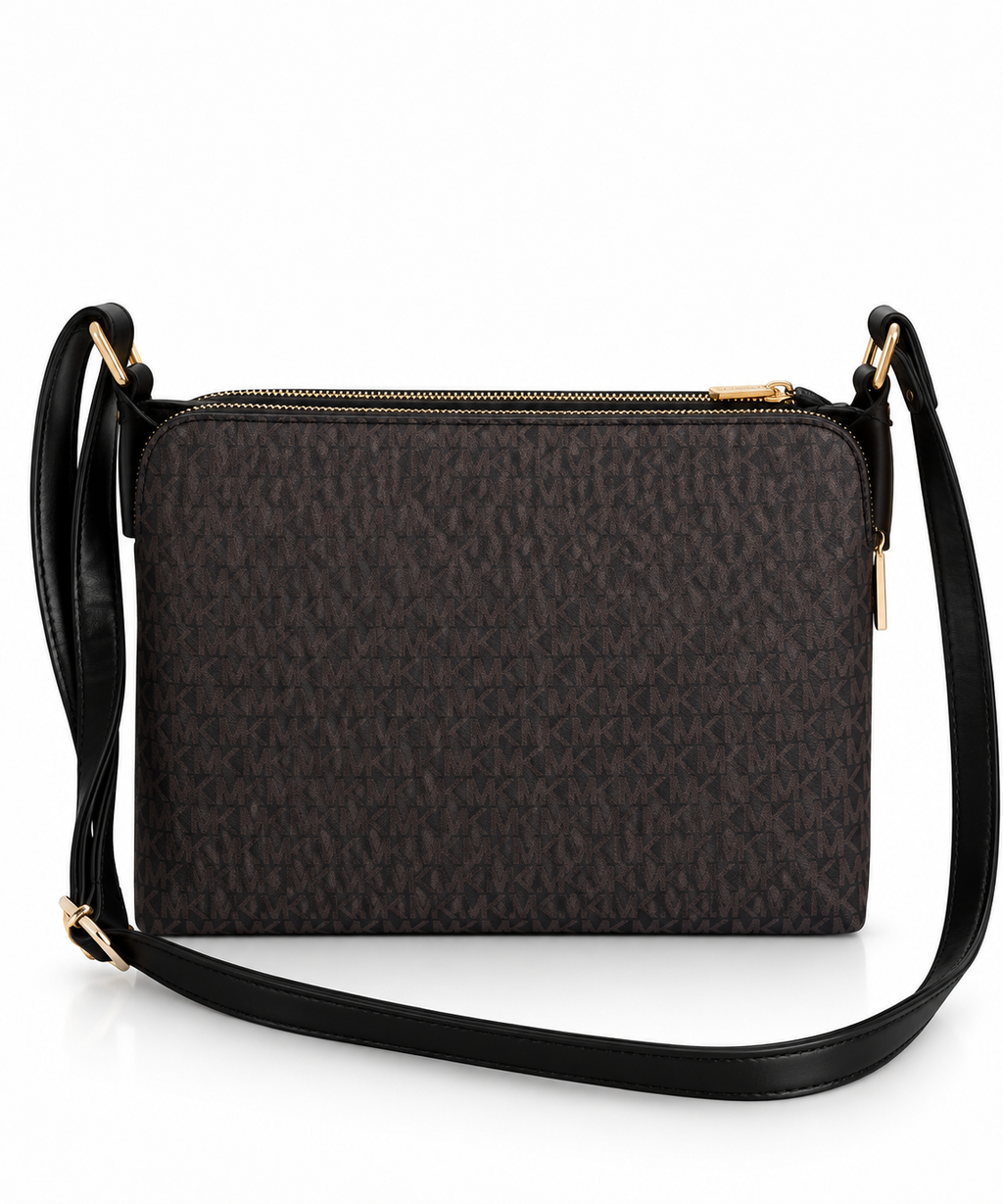 Signature Double Zip Crossbody Çanta – Kahve/Siyah