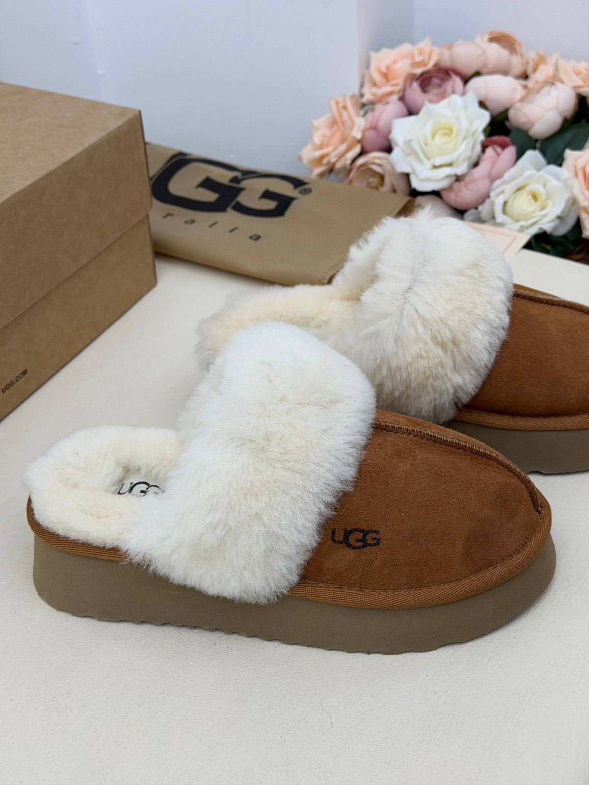 Amélie Fluffy Kürk Detaylı Platform Terlik – Taba & Ekru