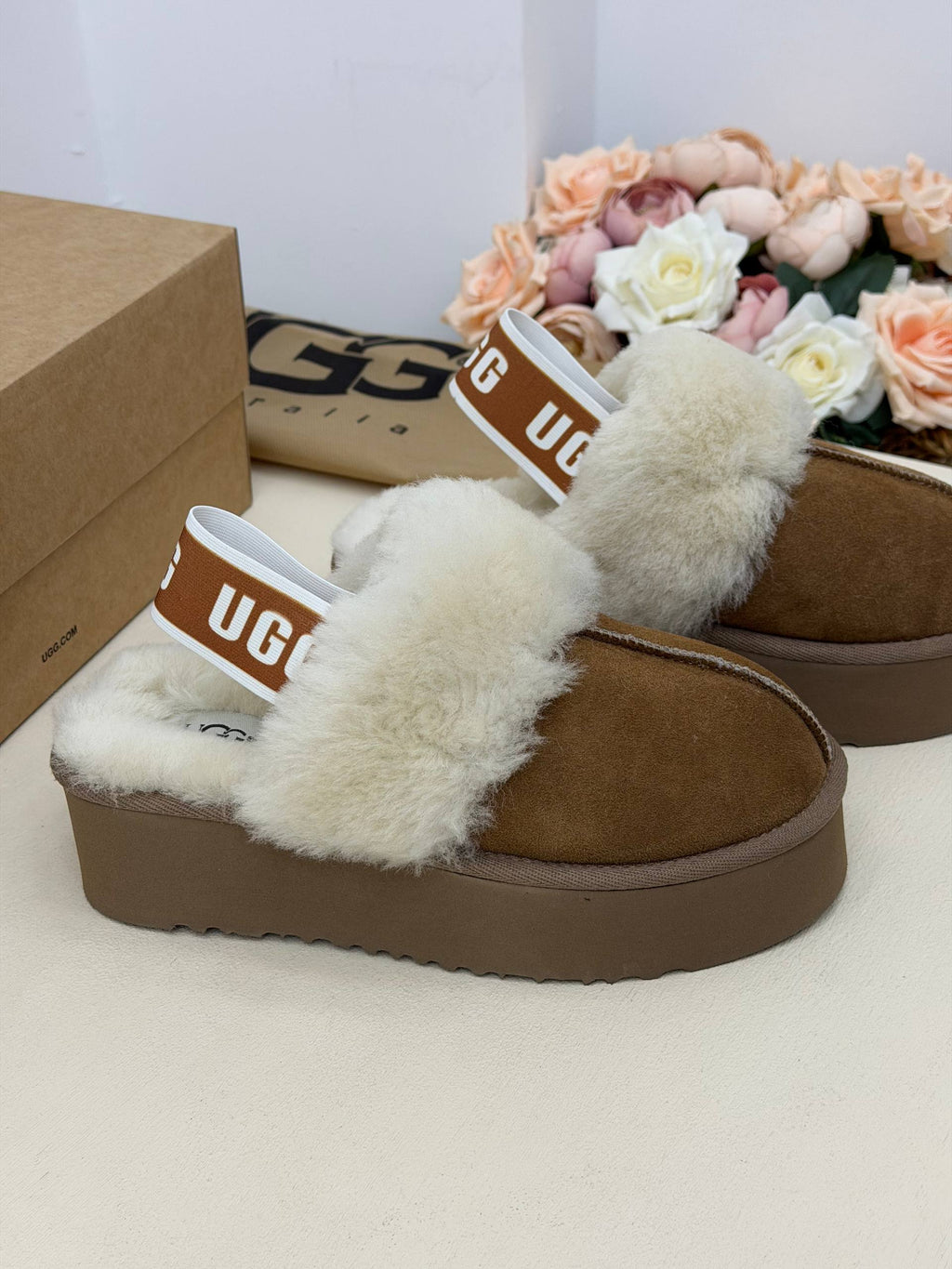 Écru Caramel Kürklü Platform Terlik – Taba
