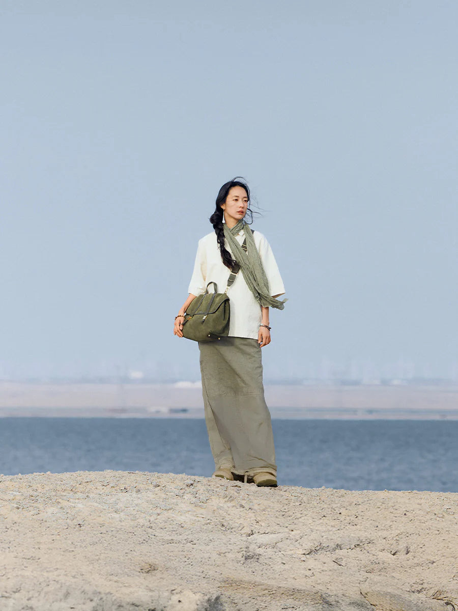 The Small Shan Briefcase - Olive Suede